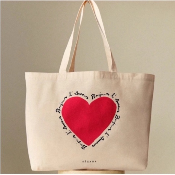 Sezane Handbags - SÉZANE Limited Edition Ivory Red Heart Paris Mon Amour Canvas Tote Bag NWOT